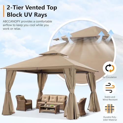 Dark Grey 9x9 Double Roof Patio Gazebo with Mosquito Netting and Curtain T171091