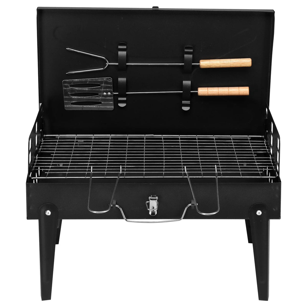 Portable Square Charcoal Grill with Fork and Shovel, Black O4999