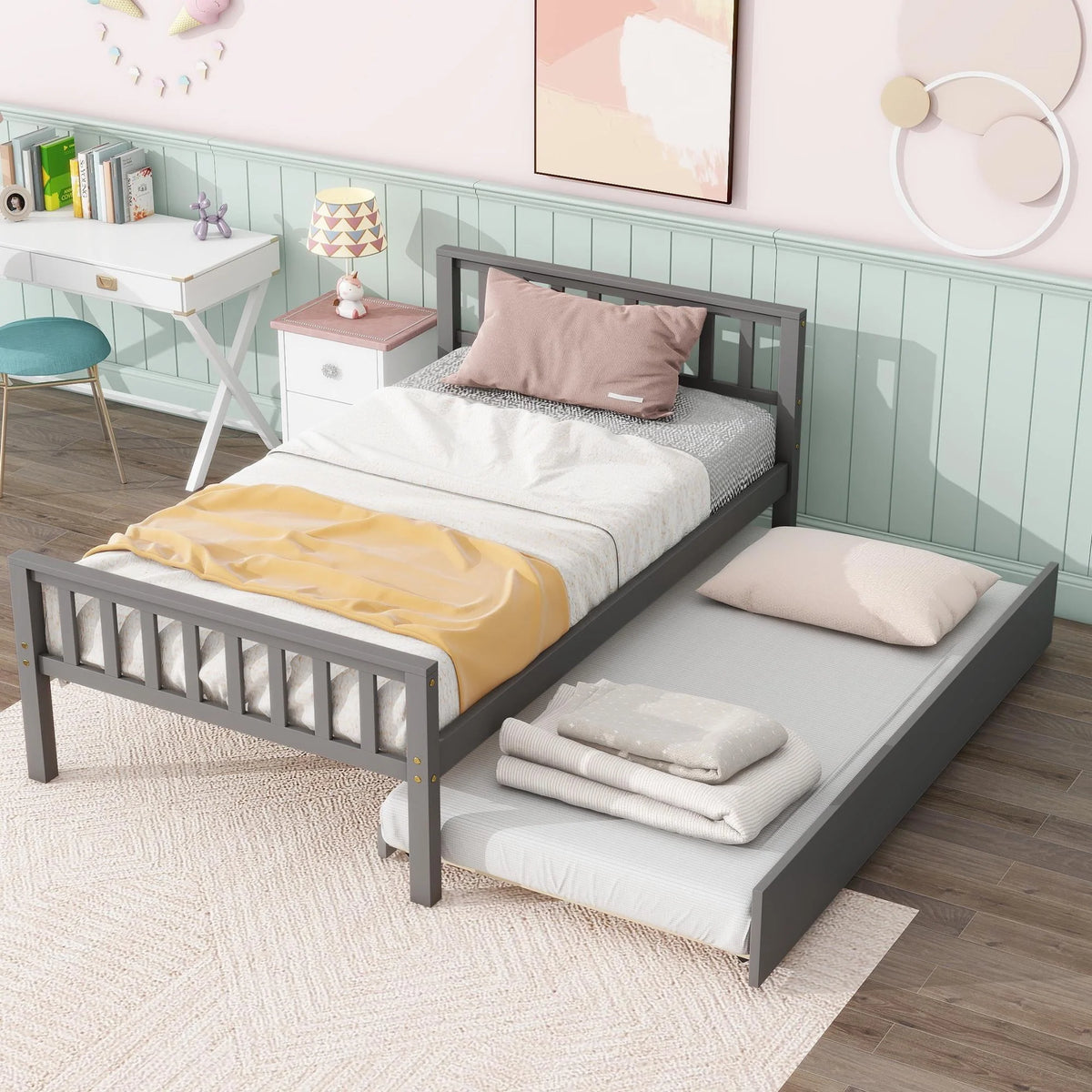 Twin Size Wood Platform Bed with Trundle and Headboard T665