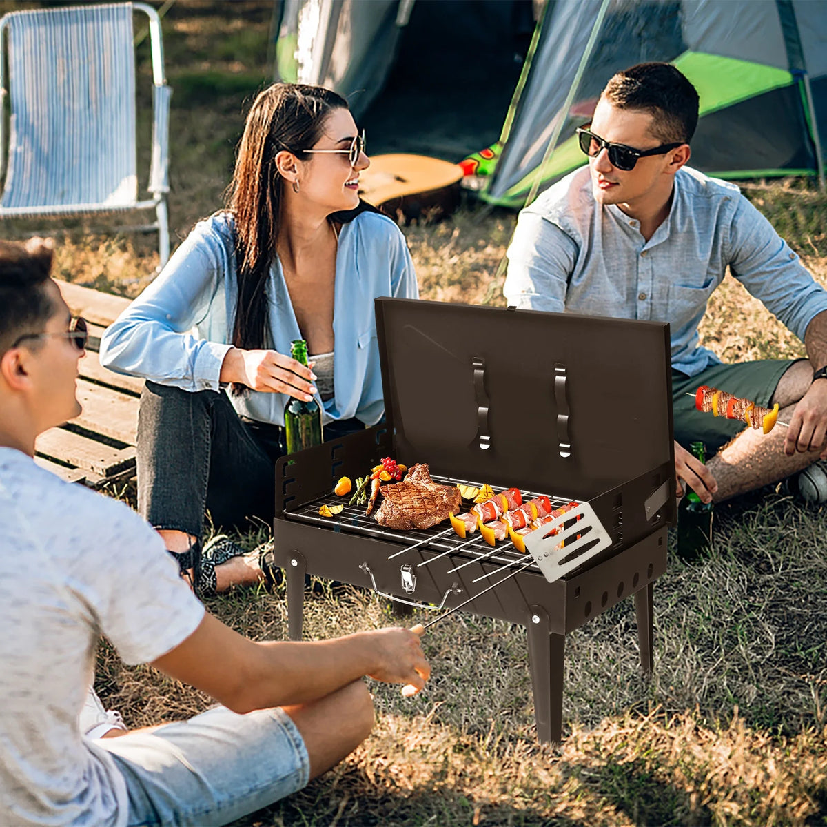 Portable Square Charcoal Grill with Fork and Shovel, Black O4999