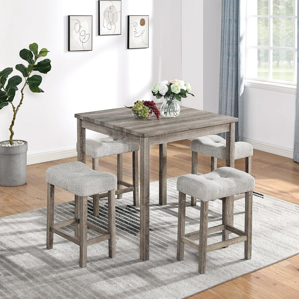 5 Piece Solid Wood Dining Table Set with 4 Upholstered Stools C8019