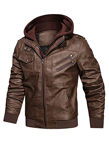 Stand Collar Faux Leather Zip-Up Bomber Jacket with Removable Hood Q502502