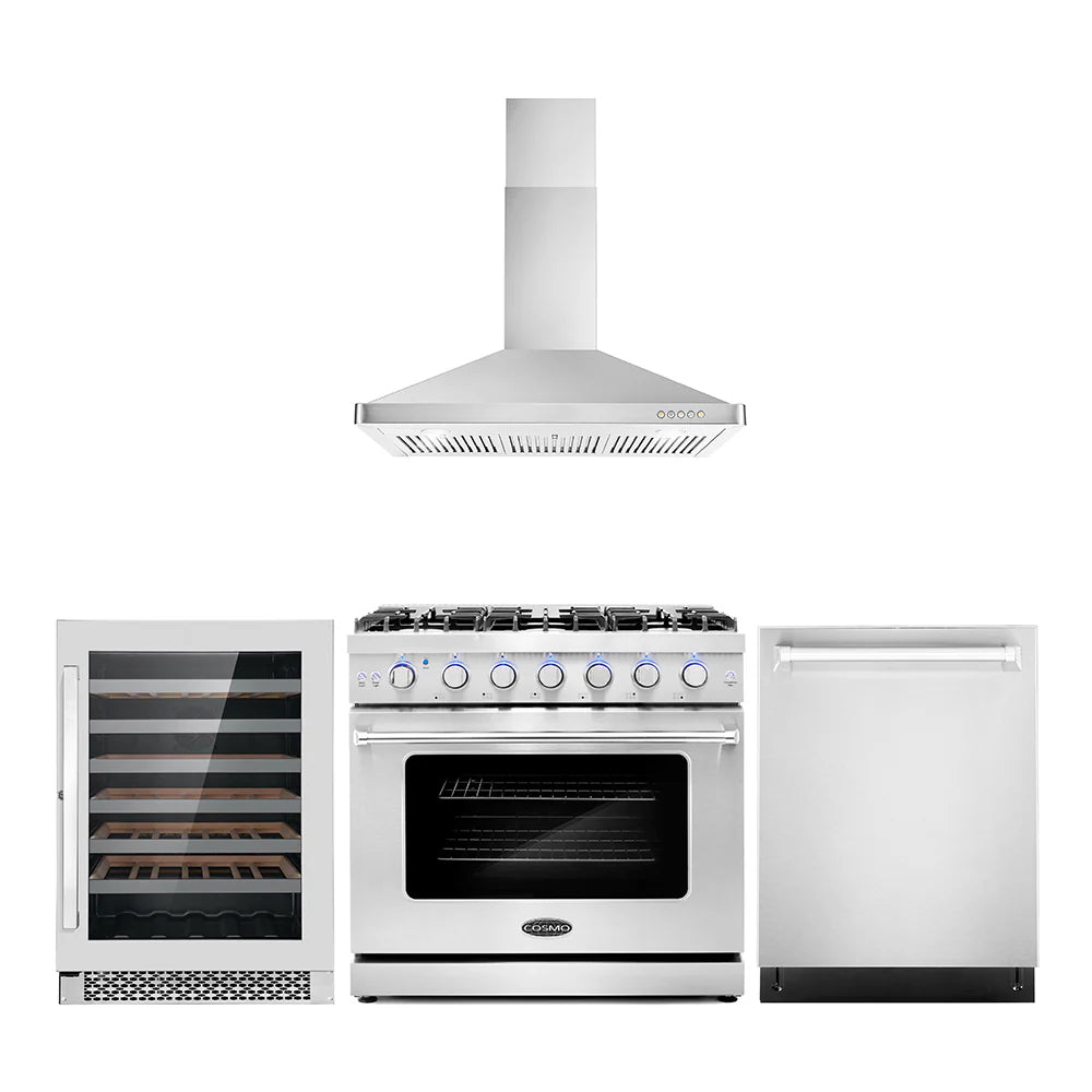 36 Gas Range, Wall Mount Range Hood, Dishwasher and Wine Cooler D545