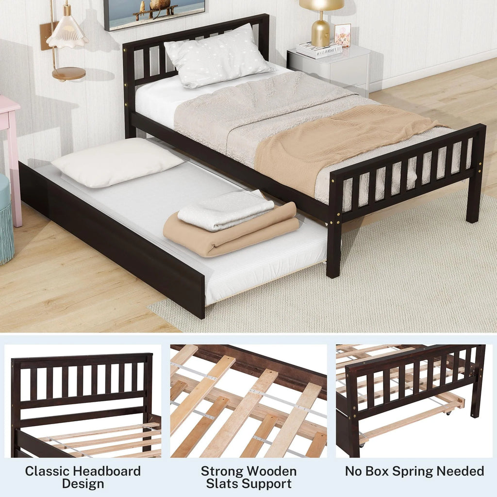 Twin Size Wood Platform Bed with Trundle and Headboard T665