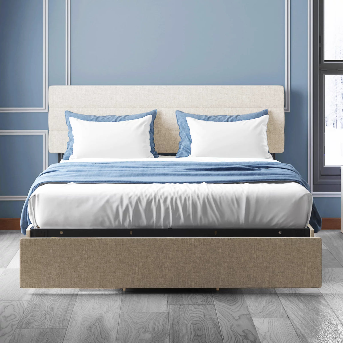 Beige Upholstered Platform Bed Frame with Headboard and Drawers D4237