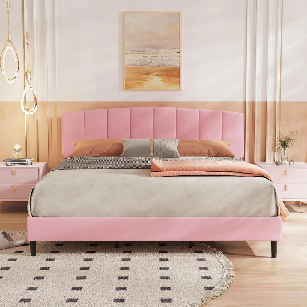 King Size Upholstered Platform Bed Frame with Headboard, Pink K738969