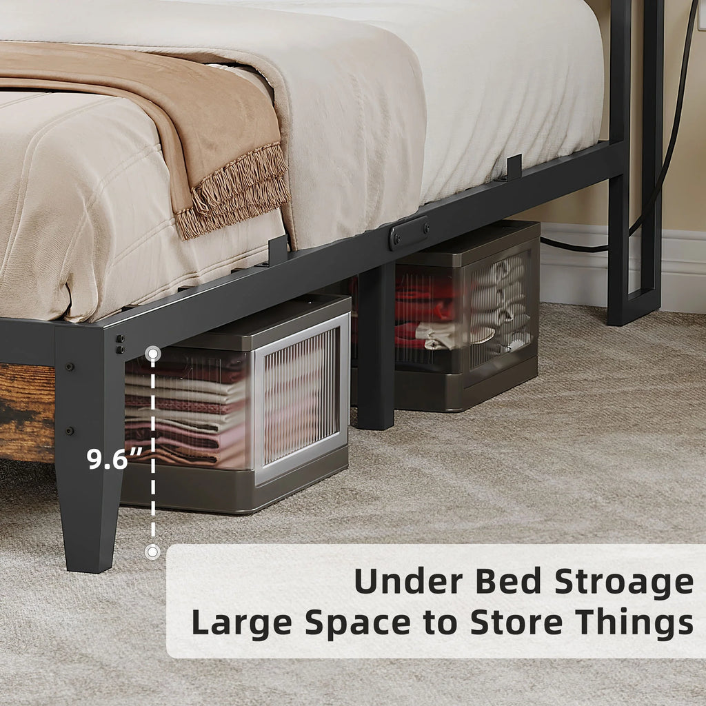 Full Size Upholstered Platform Bed Frame with Charging Station E96709
