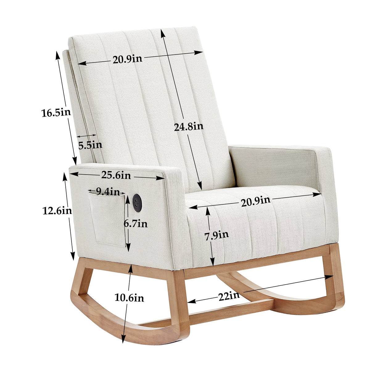 Mid-Century Rocking Nursery Chair with USB Ports and Storage Pockets H962