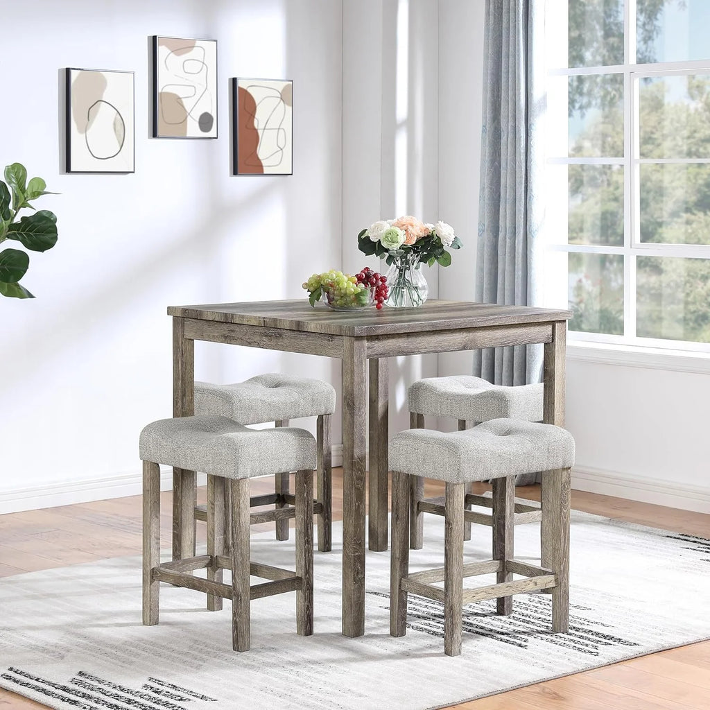 5 Piece Solid Wood Dining Table Set with 4 Upholstered Stools C8019