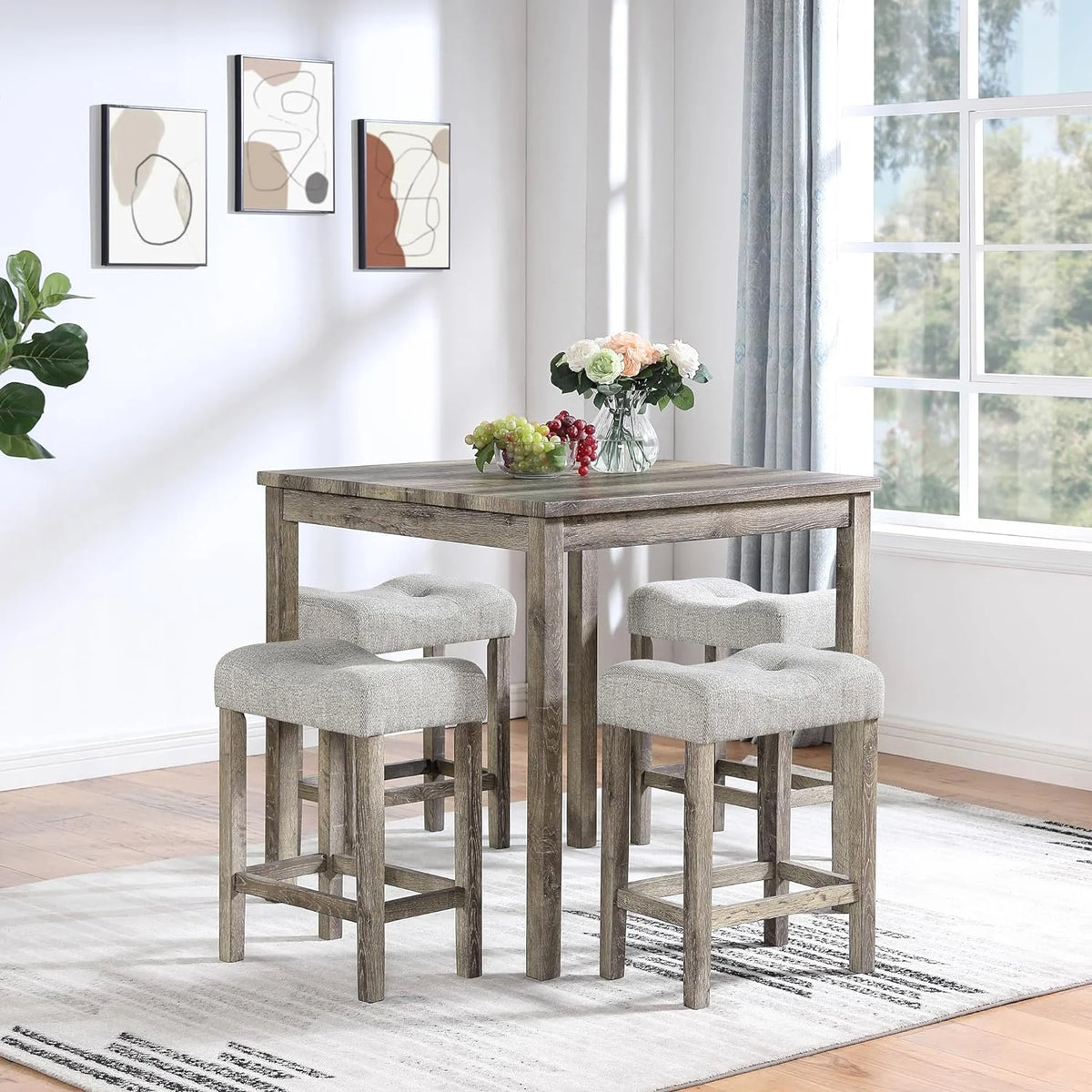 5 Piece Solid Wood Dining Table Set with 4 Upholstered Stools C8019