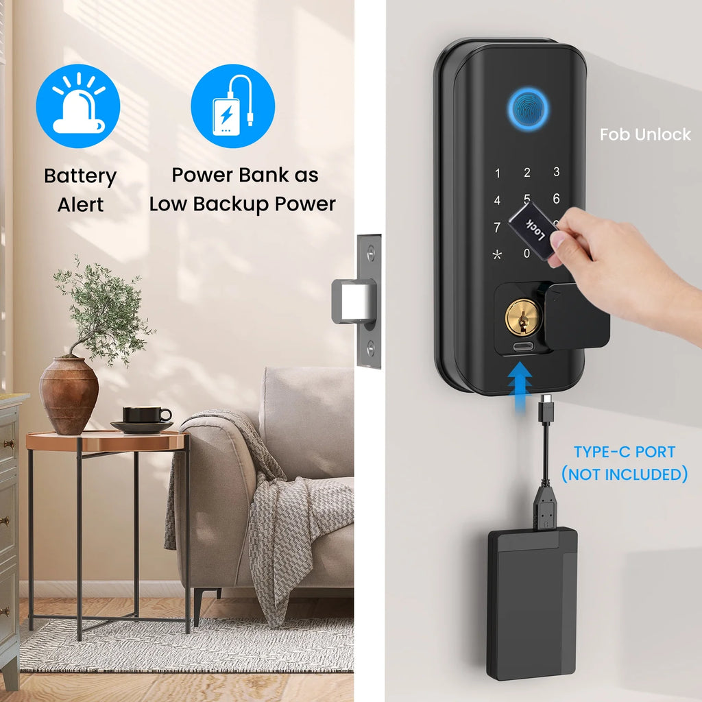 Smart Lock Fingerprint Keyless Entry Wi-Fi Deadbolt Touchscreen Keypad IP65 Waterproof Matte Black A555847