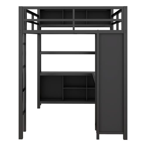 Black Full Size Metal Loft Bed with Wardrobe and L-Shaped Desk N8982
