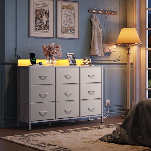 Black 9 Drawer Fabric Dresser with LED Lights and Charging Station E4963