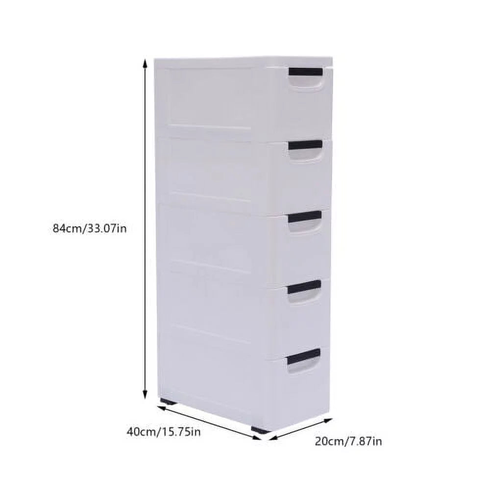 White Narrow Plastic 5 Drawer Dresser with Wheels D941
