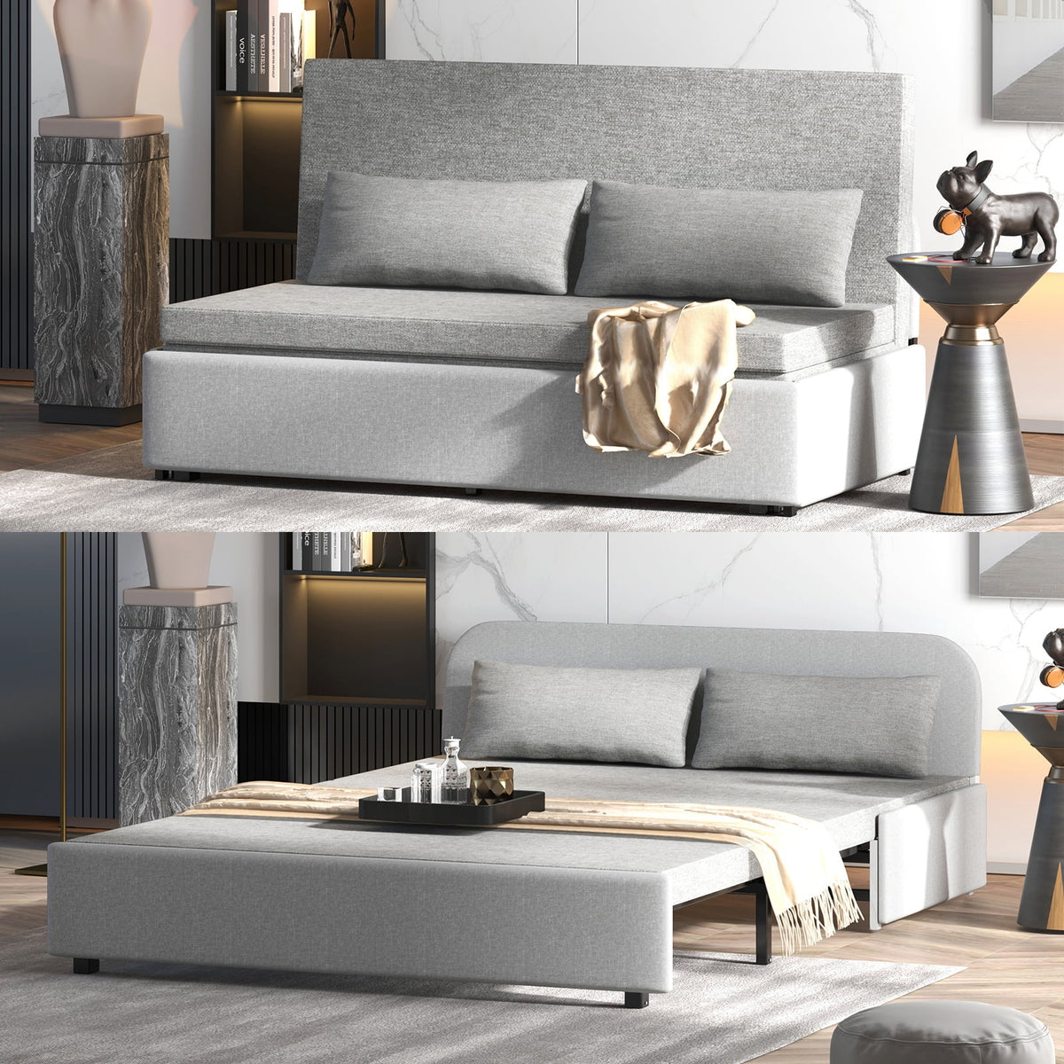 Light Gray Linen Convertible Sofa Bed C155