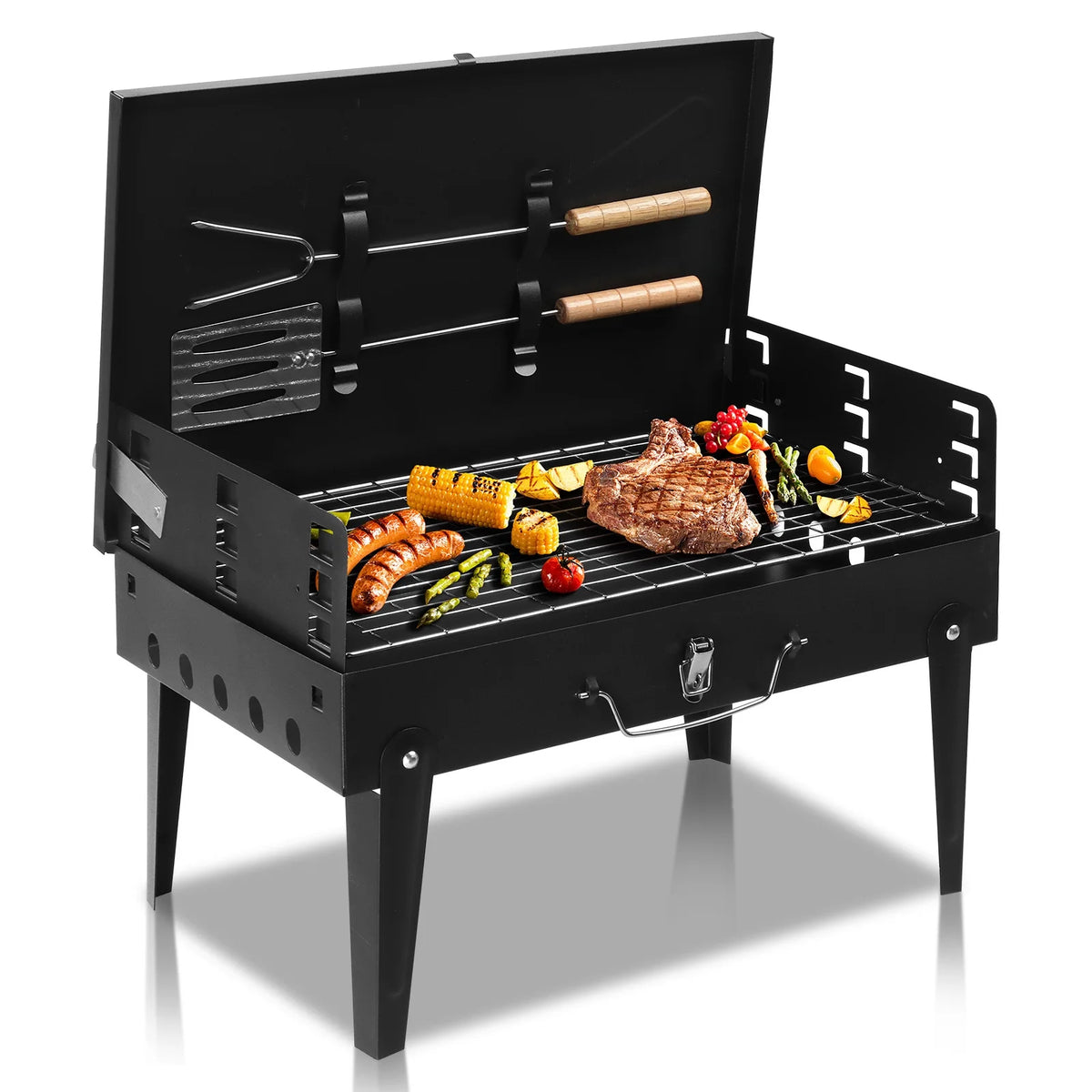 Portable Square Charcoal Grill with Fork and Shovel, Black O4999