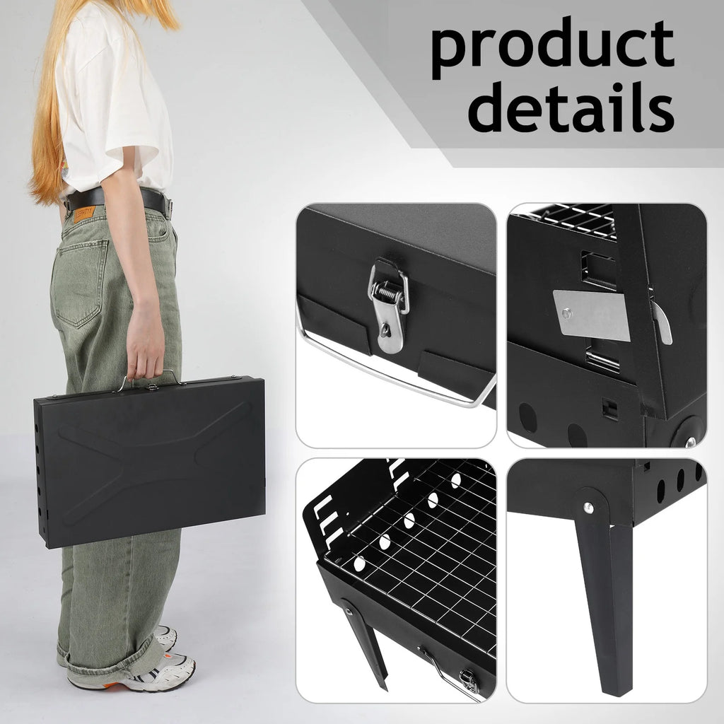Portable Square Charcoal Grill with Fork and Shovel, Black O4999