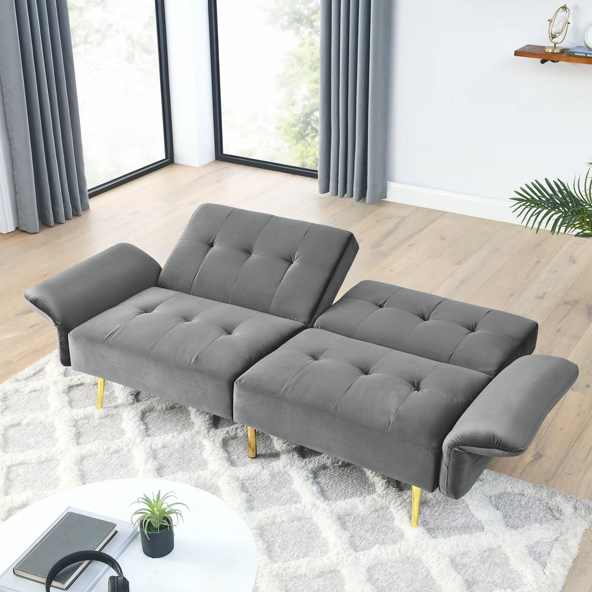 78" Grey Velvet Futon Sofa Bed Convertible Sleeper Loveseat D92739