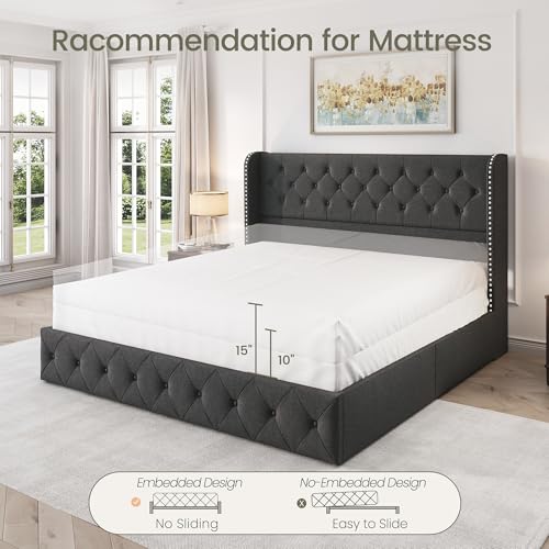 King Size Linen Upholstered Bed Frame with 4 Storage Drawers G846