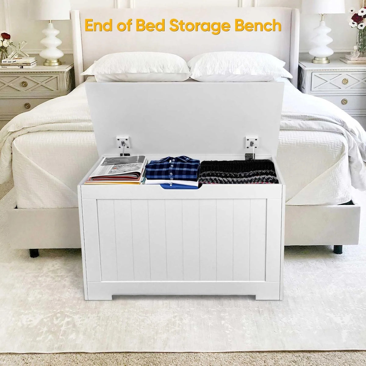 White Wooden Toy Box Storage Chest with Flip-top Lid H295